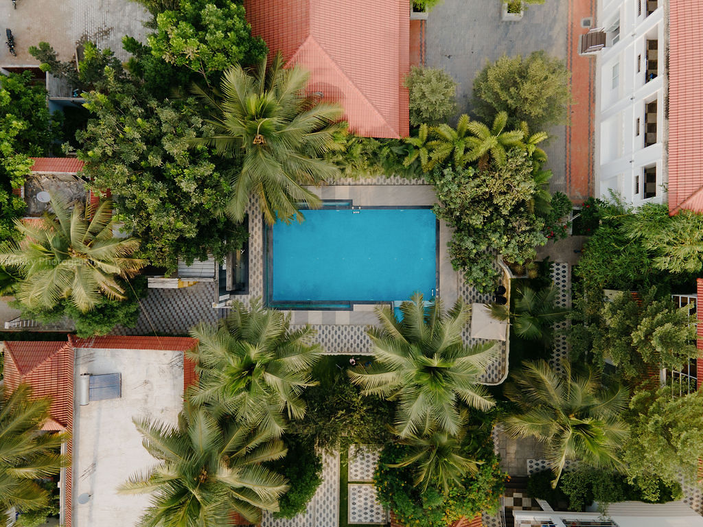Aerial view of the pool at D’Wayfarer Inn, surrounded by palms