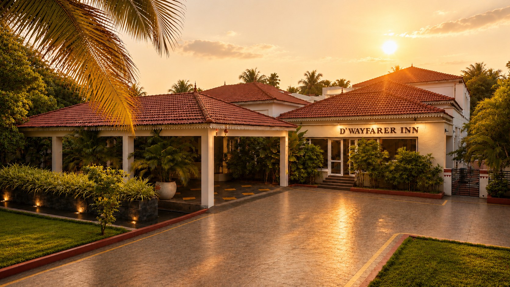 D’Wayfarer Inn entrance at sunset — terracotta-tiled porch and portico, D’Wayfarer Inn signage, palm fronds overhead and a lantern-lit tiled driveway edged by manicured lawns